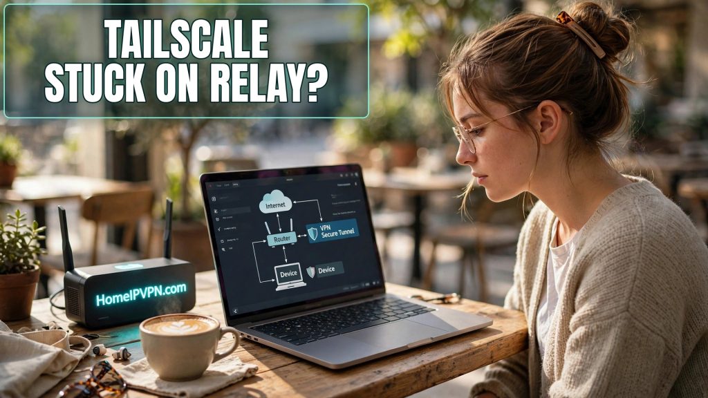 Photorealistic headline thumbnail for the article: Tailscale Stuck on Relay? How to Get a Direct Connection