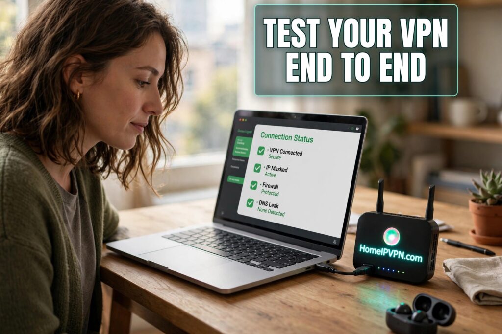 Woman checking a VPN connection status dashboard on her laptop next to a HomeIPVPN.com router, with the headline Test Your VPN End to End