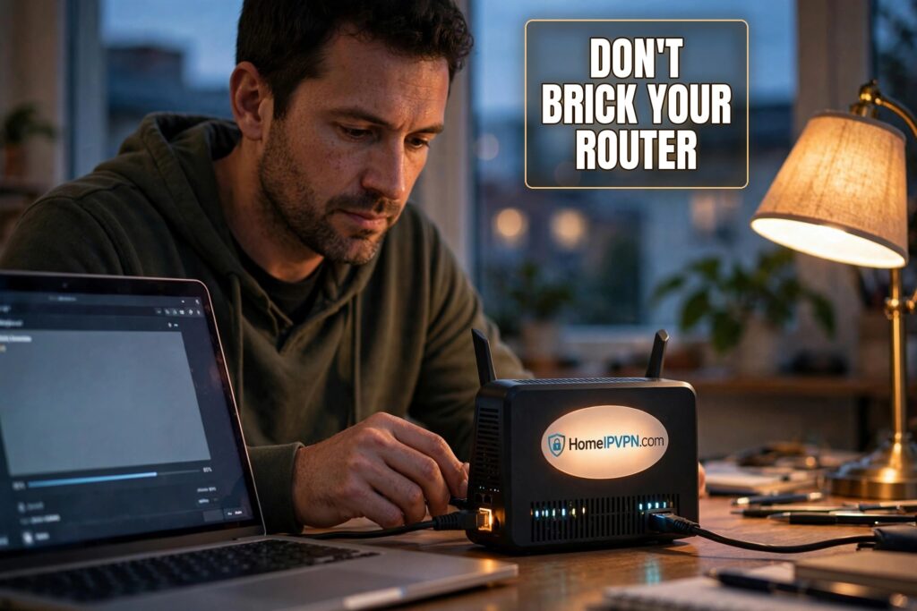 Man plugging a cable into a HomeIPVPN.com router beside his laptop at dusk, with the headline Don't Brick Your Router