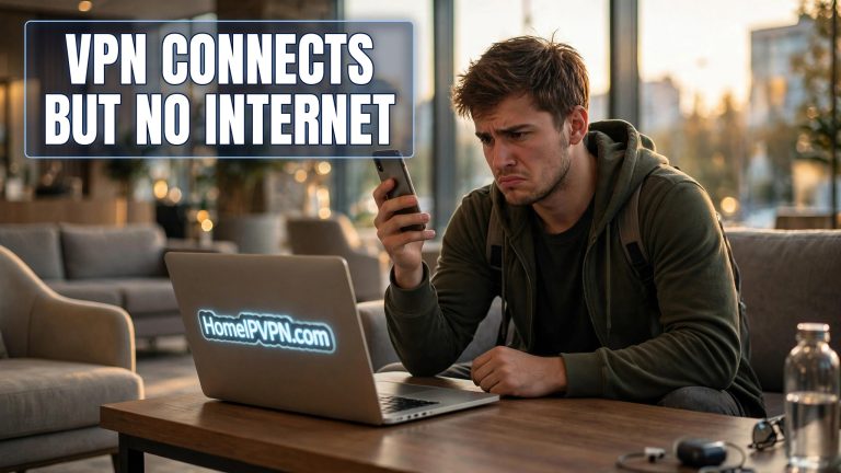 Frustrated traveler holding his phone in a lounge, glowing headline reading VPN connects but no internet