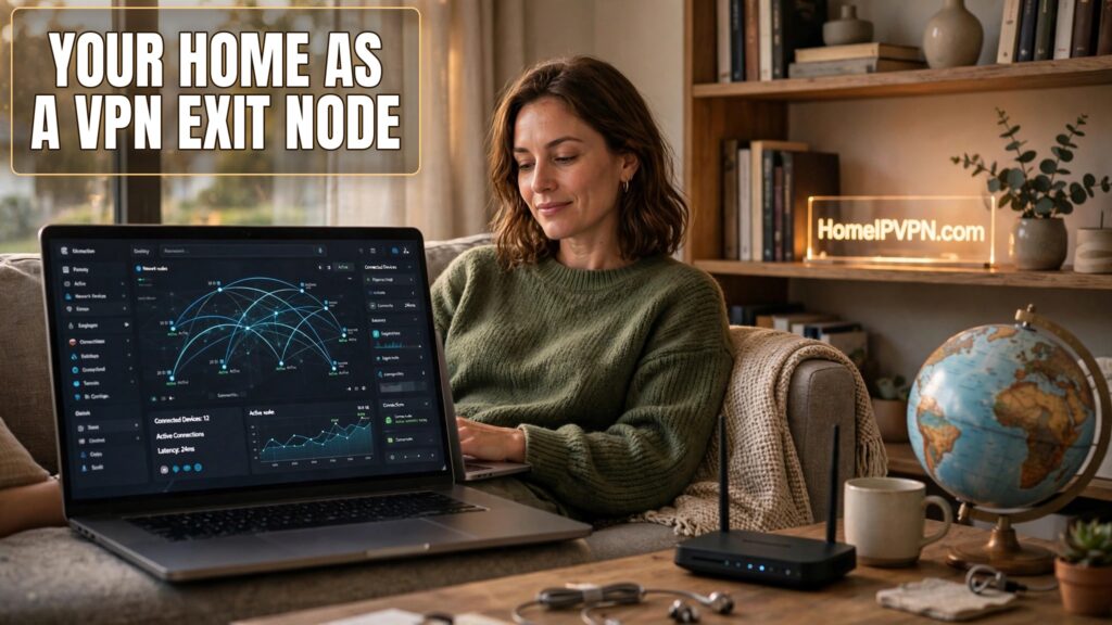 Woman relaxing on a sofa at home with a laptop showing a VPN network dashboard, router on the table and a HomeIPVPN.com sign on the shelf, with the headline Your Home as a VPN Exit Node