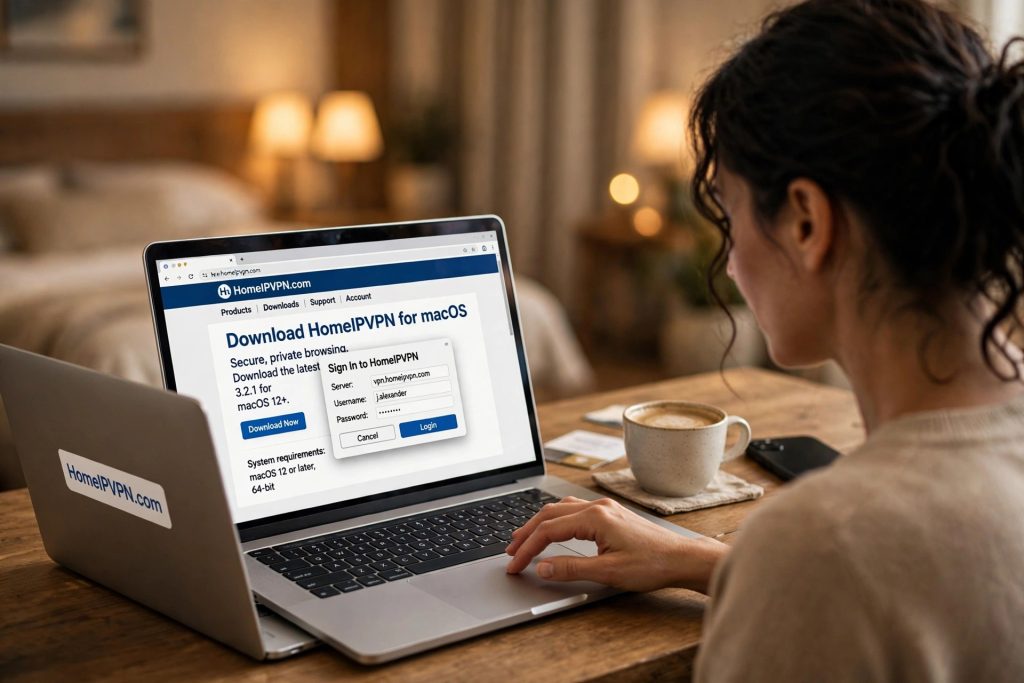 Remote worker in a hotel room about to enter VPN server credentials into a suspicious download page popup on her laptop, which has a HomeIPVPN.com sticker on its lid