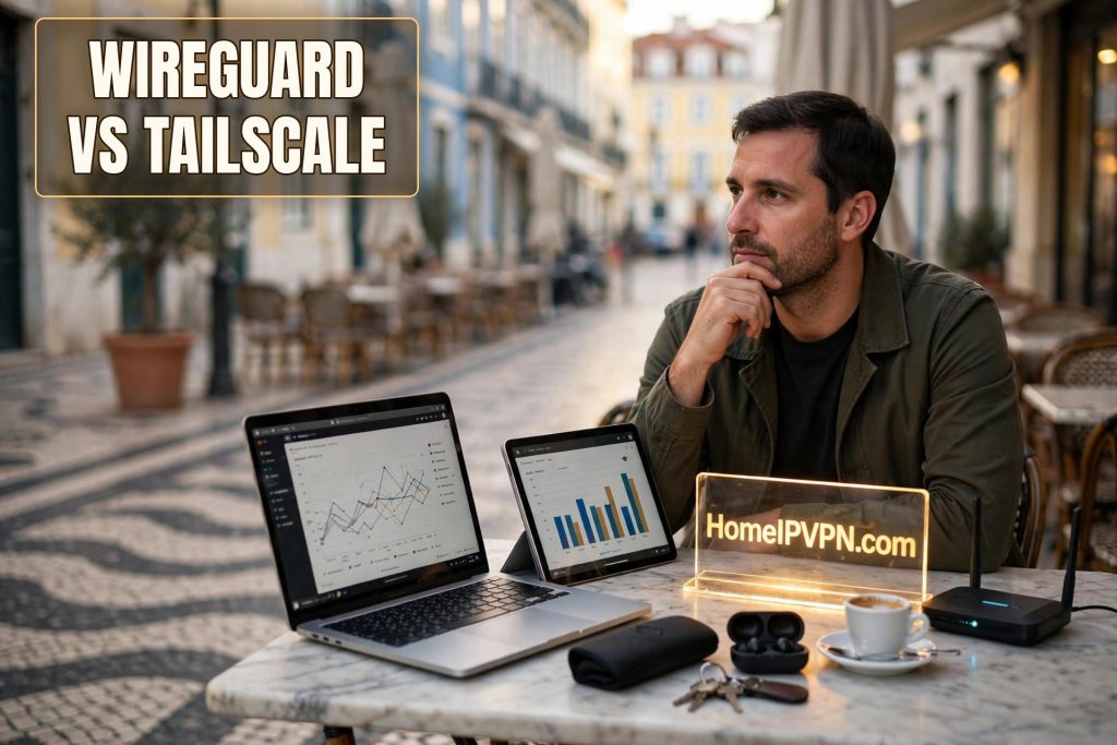 Man at a Lisbon cafe with laptop and travel router, glowing headline reading WireGuard vs Tailscale