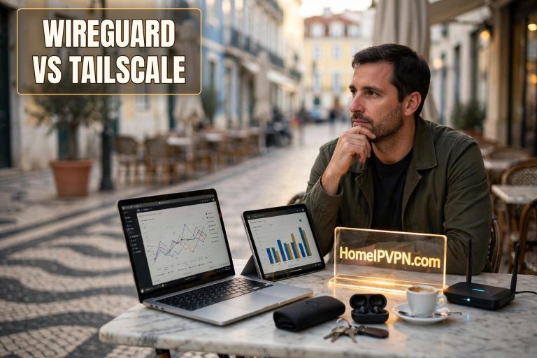 Man at a Lisbon cafe with laptop and travel router, glowing headline reading WireGuard vs Tailscale