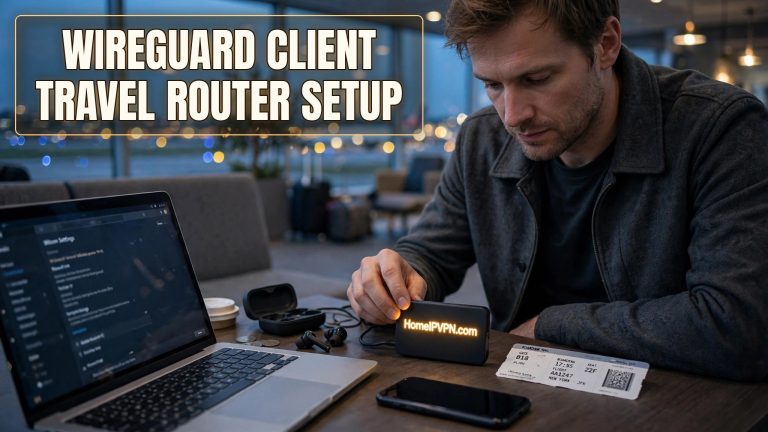 Man at an airport lounge with a travel router, glowing headline reading WireGuard client travel router setup