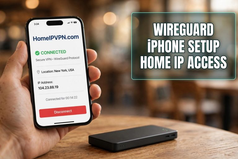iPhone showing the HomeIPVPN.com WireGuard VPN app connected, with a slim travel router on the table