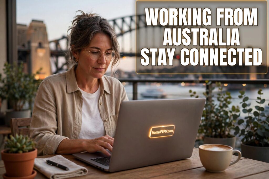 Woman working on a laptop at a waterfront cafe with the Sydney Harbour Bridge behind her and a HomeIPVPN.com sticker on the laptop, with the headline Working from Australia Stay Connected