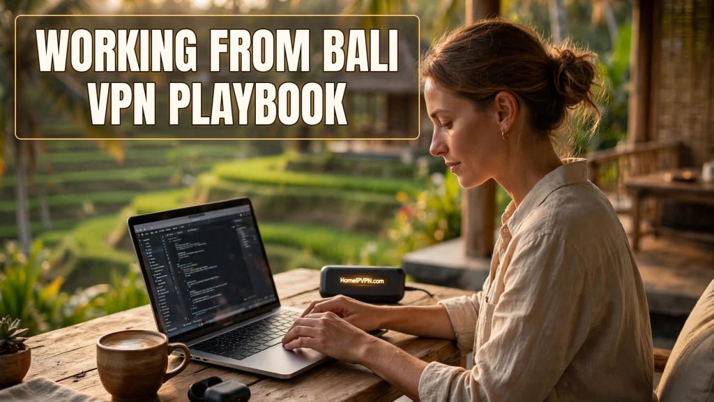 Woman working on a laptop on a Bali terrace, glowing headline reading working from Bali VPN playbook