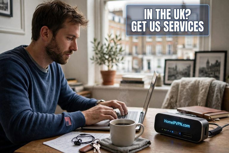 Featured image for the article "Working from the UK? Accessing US-Only Services Abroad" with the headline overlaid on a themed photo.