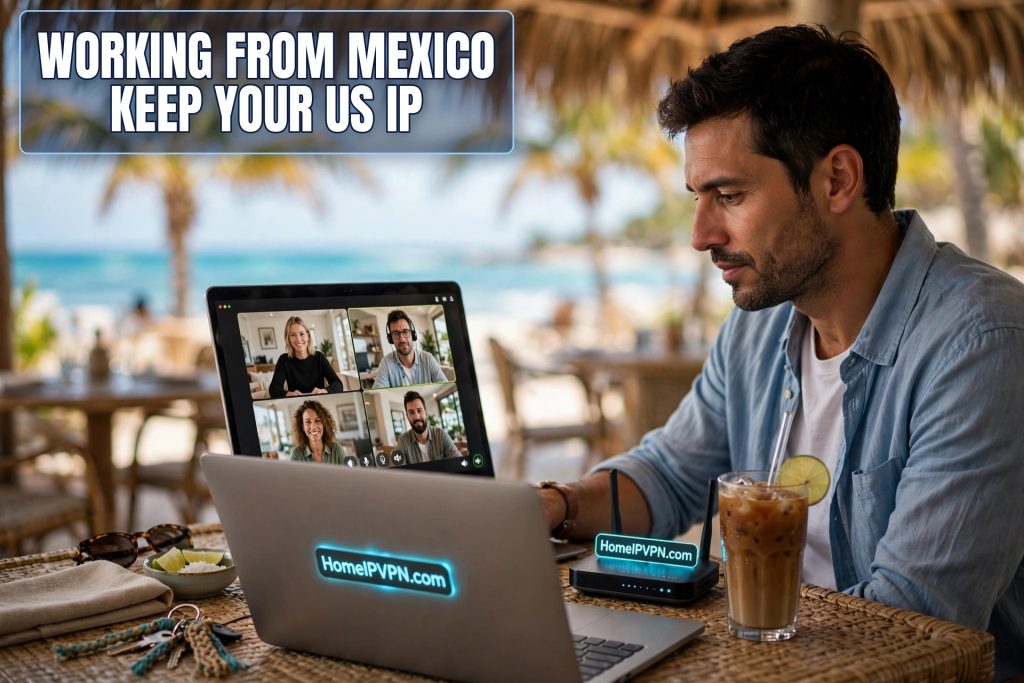 Photorealistic headline thumbnail for the article: Working Remotely from Mexico? Keep Your US Home IP Address