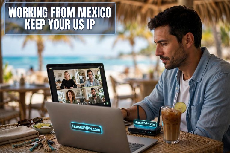 Photorealistic headline thumbnail for the article: Working Remotely from Mexico? Keep Your US Home IP Address